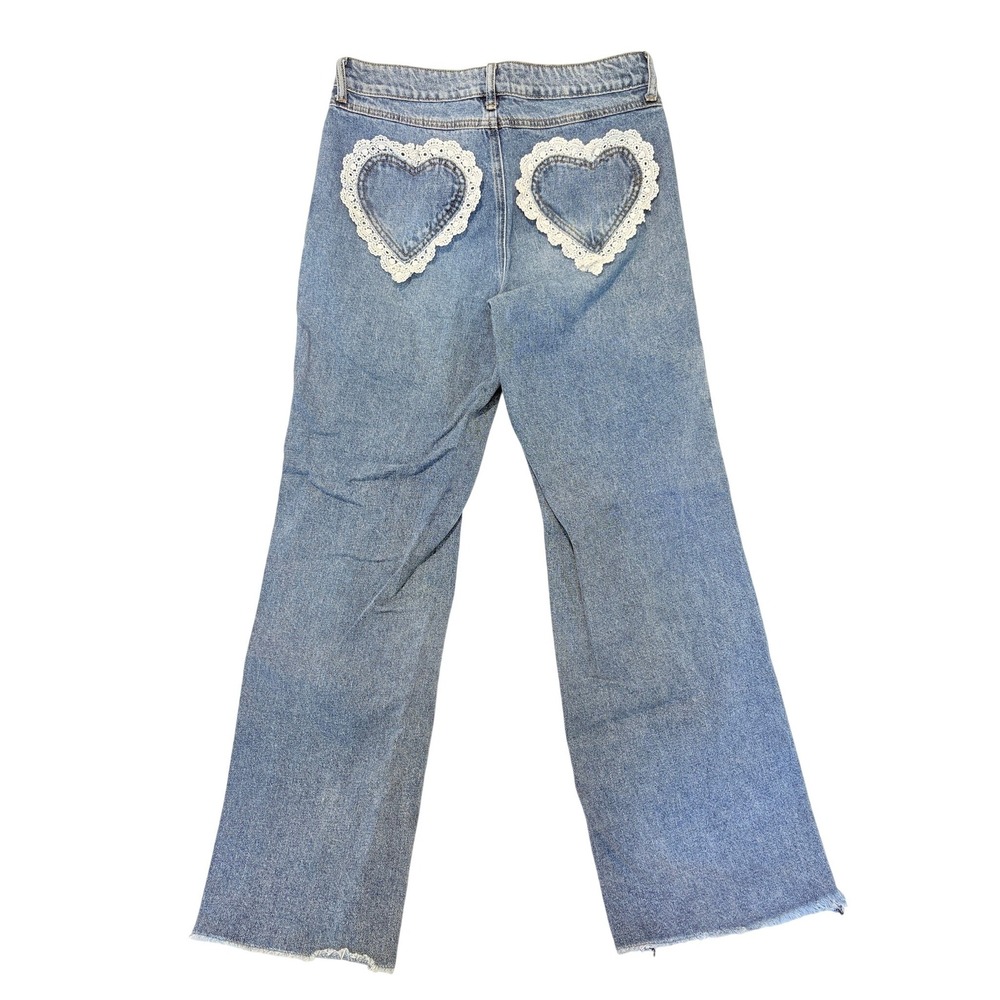 Ashley Mason Heart Lace Pocket Wide Leg Jeans Light Wash Blue Denim Size 7/28